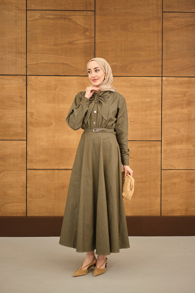 LOCCO Rochie de damă cu cusături ornamentale, curea piese, verde kaki