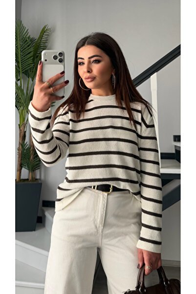 Oslove Ecru-Brown Striped Mercerized Blouse