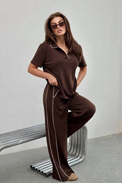 DAME Women's Polo Collar Striped Oversized Modal Tracksuit Set