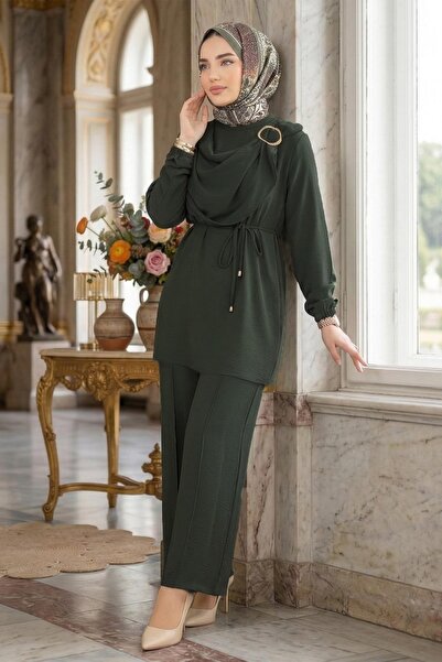 hafsamina Yandan Με αγκράφα Παντελόνια Σετ Αϊρομπίν Χακί HM2901