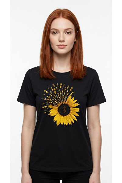NİCE Women's Oversized T-Shirt Kawaii Sunflower Butterfly Printed Black– Crew...
