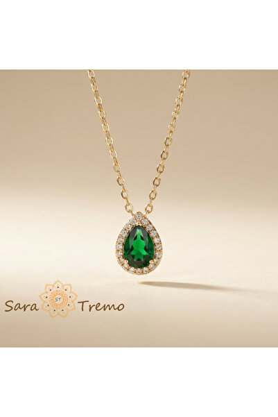 SaraTremo Regal Tear Emerald Necklace – Gold Plated Necklace with Emerald Pen...