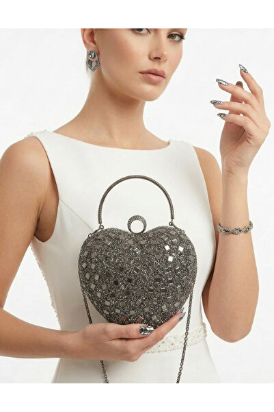 Çanta Trend Women's Stoned Hand-Embellished and Long Heart-Shape Model Evenin...