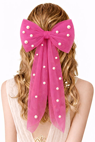 SUNEH Κλιπ μαλλιών με φιόγκο φούξια και λεπτομέρεια από πέρλες