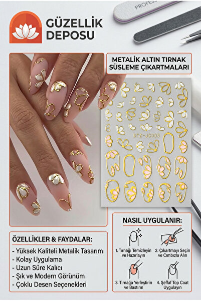 Güzellik Deposu Altın Çerçeveli İncili Çiçek Tırnak Sticker - Profesyonel Tır...