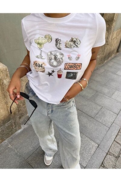 Violon Retro Icon Collage Printed White T-Shirt