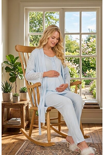 PREGNANT WORLD New Season Blue Short Sleeve Stylish Eyelet Embroidery Linen D...