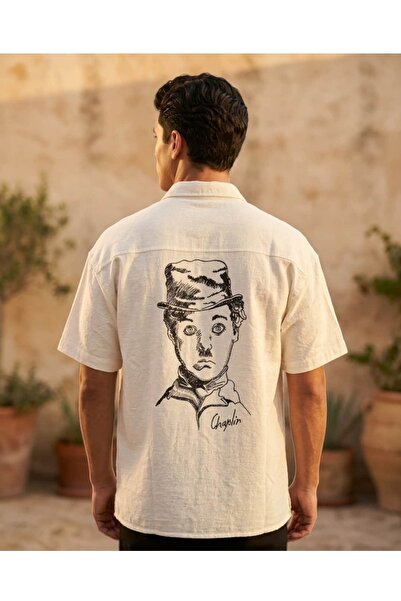 SAW Urbanity Cămașă albă cu mânecă scurtă Charlie Chaplin Back cu imprimeu su...