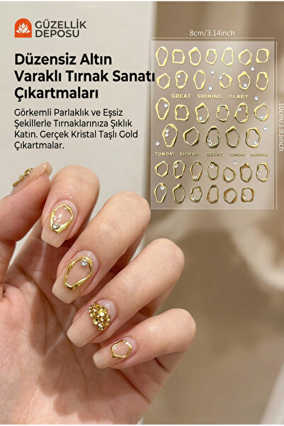 Güzellik Deposu Kristal Taşlı Gold Varak Tırnak Sticker - Düzensiz Altın Çerç...