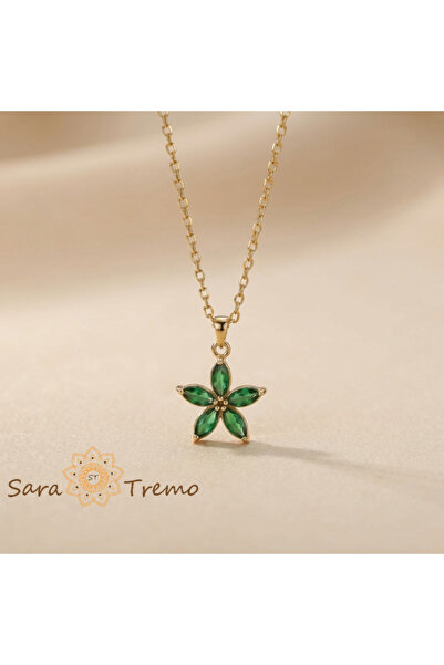 SaraTremo Emerald Flower Necklace – 14K Gold Plated Necklace with Green Crystals