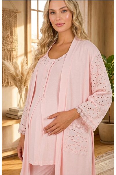 PREGNANT WORLD Yeni Sezon Pudra Kısa Kollu Şık Fisto Keten Detaylı Düğmeli Ha...