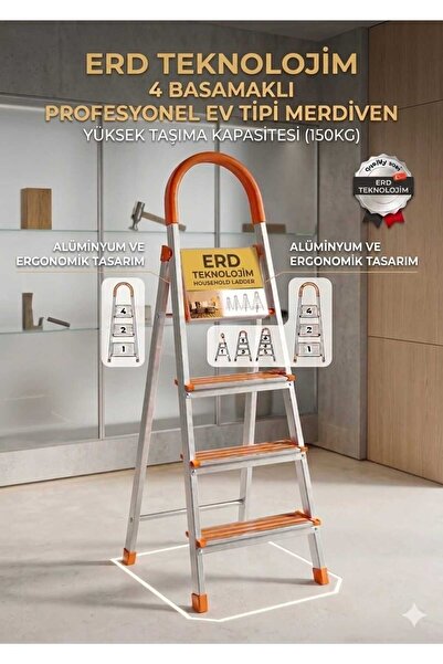 ADR 4 Basamaklı Profesyonel Ev Tipi Alüminyum Merdiven 150 Kg Taşıma Kapasitesi