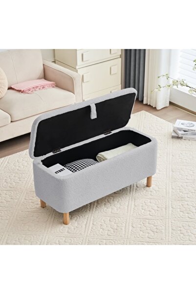 arge demo Fix Ahşap Ayaklı Sandıklı Benç Ayakucu Puf Gri Renk Welsoft Peluş K...