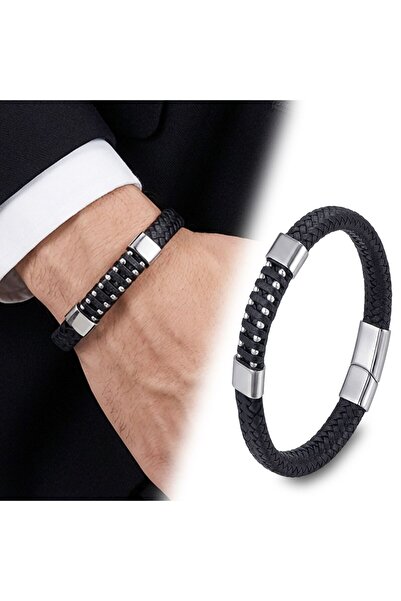 FM 💎   Premium Leather Steel Drop Chain Wrap Bracelet – Black 31834B1D7 - 20 cm