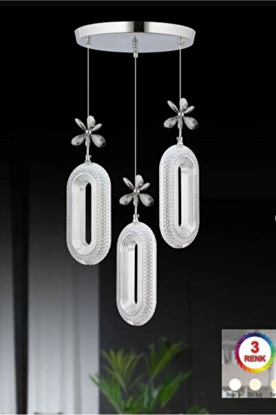 EY-EL TASARIM 3 LÜ DEFNE 3 RENK MODLU KRİSTAL TAŞLI LEDLİ SARKIT AVİZE