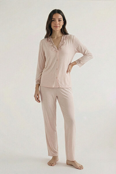 Espuar Women's Pajama Set, V-Neck, Lace Pieces, Button-Front , Long Sleeve, P...