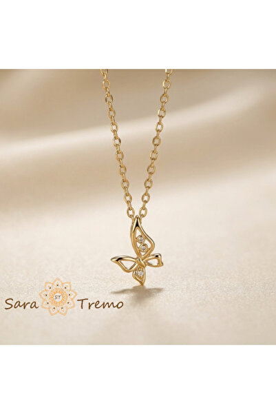 SaraTremo Delicate Butterfly Necklace – 14K Gold Plated Necklace with White Z...