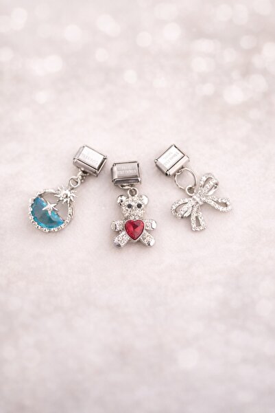 Liacharm İtalyan Charm Bileklik Ucu 3'lü Set - Mavi Ay Güneş, Kırmızı Kalpli ...