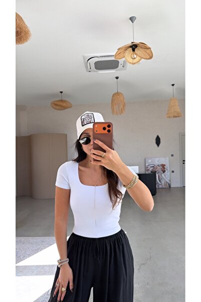 Buket Teke Λευκό Τετράγωνο Γιακά Basic Βαμβάκι τεμάχια Κοντό Μπλουζάκια