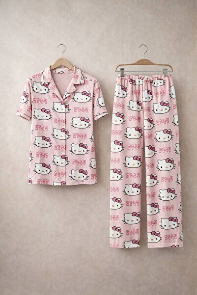 RUKOD Hello Kity Desenli Milan Gömlek Yaka Pijama Takımı