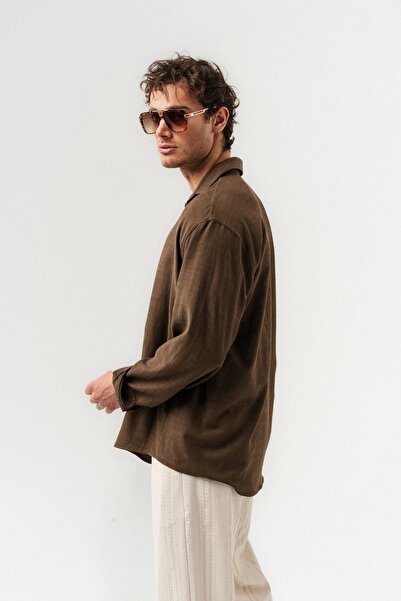 go gang own Corelino Basic Uzun Kollu Keten Kumaş Oversize Gömlek