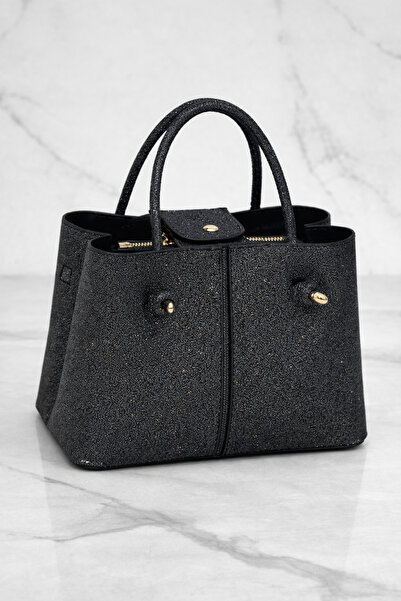 Melos Butik Women's Black Glittery Lace Detailed Box Model Ev Ve Shoulder Bag