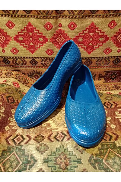 burak poli Mavi Kadın Lastik Ayakkabı (Makasen) Kaydırmaz Taban Düz Topuk Aya...