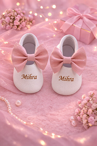 marasmakosen Kişiye Özel İsimli Kız Bebek Makosen Ayakkabı – Pudra Fiyonklu D...