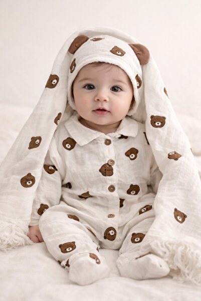 My Babies Label Yeni Doğan Erkek Bebek Ayıcık Desenli Müslin Kumaş 10’lu Batt...