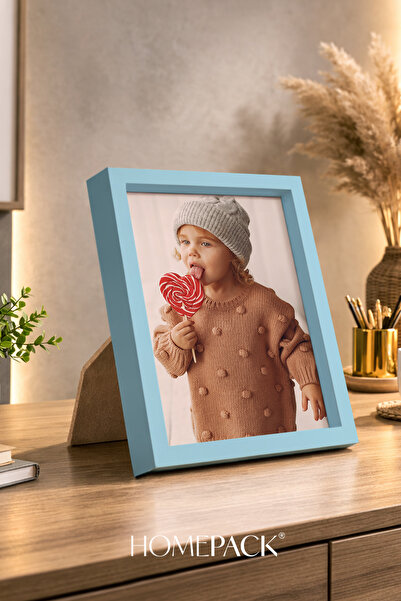 BERRAVIA 13x18 cm Kalın Açık Mavi Ahşap Çerçeveli Masaüstü Resim Çerçevesi, F...