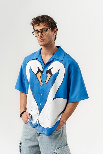 go gang own Синя риза с къс ръкав и голям яка с ревера