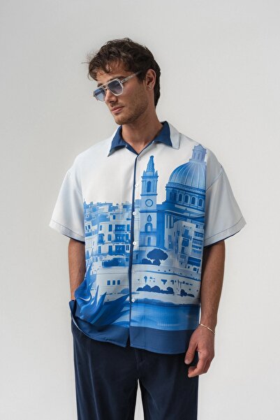 go gang own Azure Apaş Яка с къс ръкав Овърсайз риза