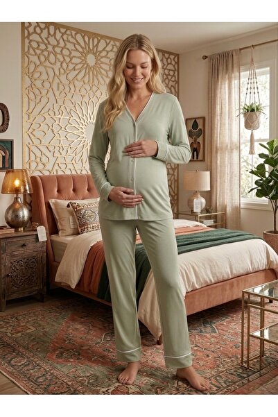 Lohusa Homewear Νέα σεζόν Πράσινο Σετ Πιτζάμες Εγκυμοσύνης με Μακρυμάνικο Σχέ...