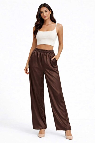 kikiriktekstil 10964 Women's High Waist Palazzo Satin Trousers with Elastic W...