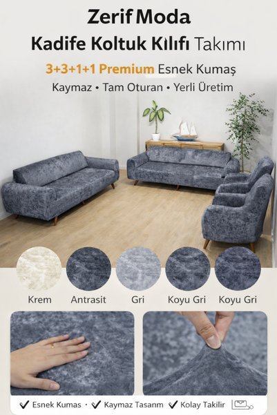 zerıf moda Kadife Koltuk Kılıfı Takımı 3+3+1+1 Esnek Lastikli Kaymaz Tam Otur...