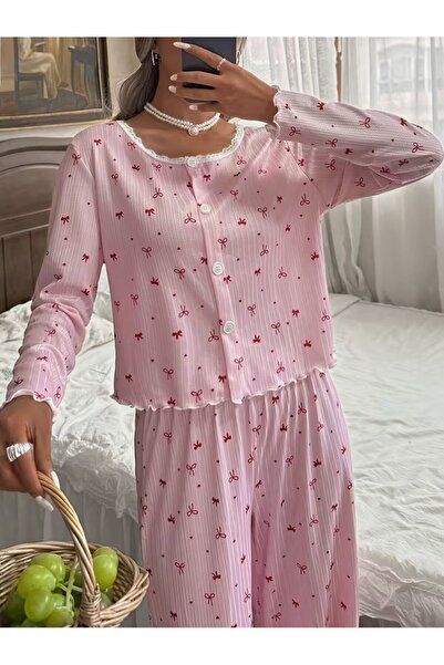 KADİRCE Pembe Kelebek Desenli Bisiklet Yaka Pijama Takımı