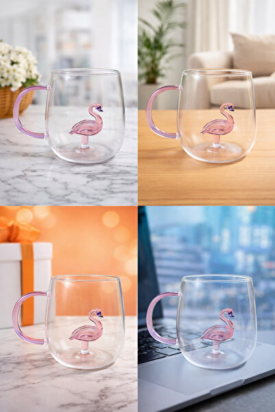 SNS BUTİK 3D Flamingo Tasarımlı Cam Kupa – Dekoratif Çift Cam Kahve ve Çay Ba...