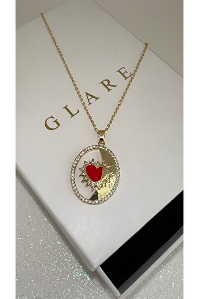 GLARE JEWELRY CO Red Heart Model Design Zircon Stone Gold Detailed Stainless ...