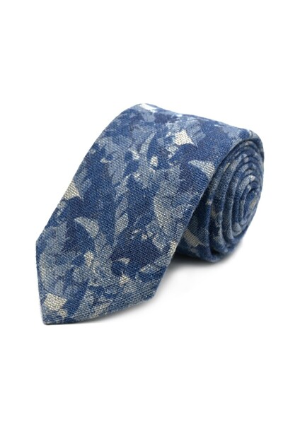 Sade Kravat Mavi Special Leaf Floral Print Wool Silk Tie 33283 Blue
