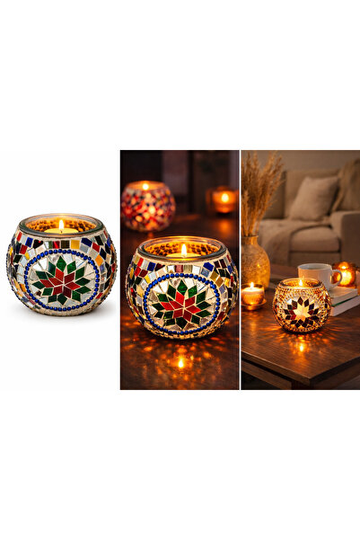 ARUZEN Mozaik Cam Mumluk El Yapımı Dekoratif Tealight Mumluk Ortam Işığı Masa...