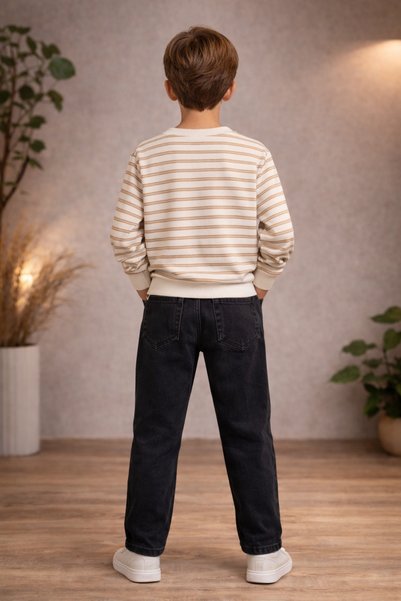 Premium Eid Boys' Stylish Set with Striped Pocketed Sweatshirt and Black Jeans Trousers