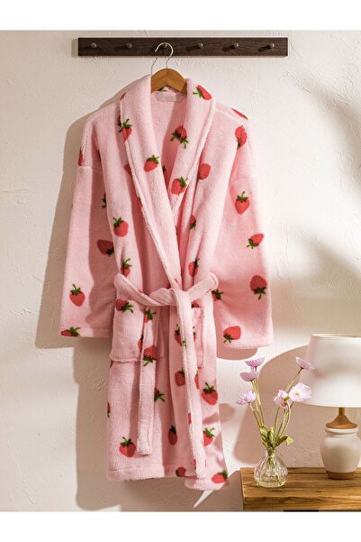 LC Waikiki Lcw Dream Pink Strawberry Patterned Plush Women's Dressing Gown fr...