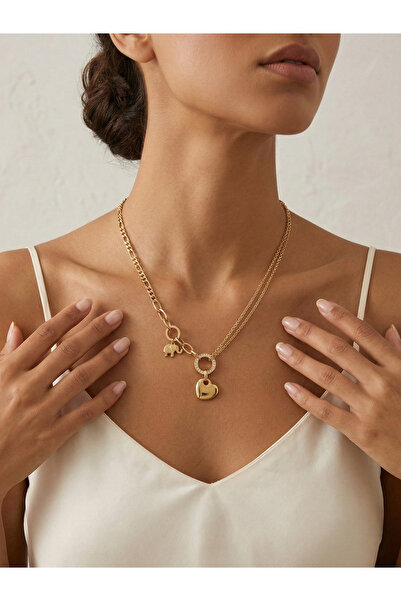 stainles steel Kadın Asimetrik Kolye - Fil ve Kalp Uçlu Takı