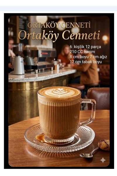 ORTAKÖYCENNETİ 6 kişilik 12 parça çizgi model çay kahve set 210 cc Hacim 8 cm...