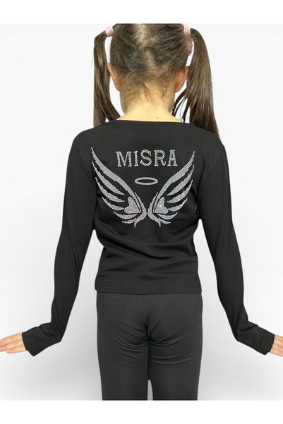 She Can Wear Parmak Geçmeli Uzun Kol Siyah Tişört İsimli Melek Kanadı Baskılı
