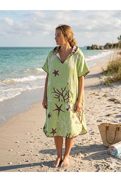 MODA 3 KAT MÜSLİN JAKARLI PAMUK YETİSKİN KAPÜŞONLU OVERSİZE PANÇO