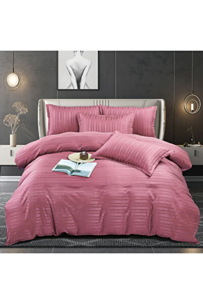 Casa Pucioasa Lenjerie pat Damasc finetat 4 Piese, Cearceaf cu Elastic, roz