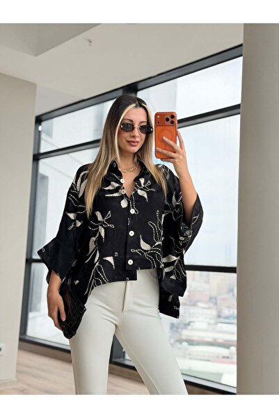 ALVOR Women's Brown Leaf Patterned Oversize Shirt