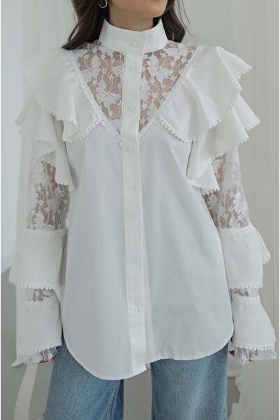 Julidress ψηλός λαιμός Με βολάν Δαντέλα Λεπτομερές Premium Πουκάμισο