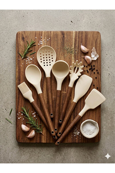 MİS KİTCHEN Acacia Wood Strappy 7-Piece Silicone Kitchen Utensil Set – Spatul...